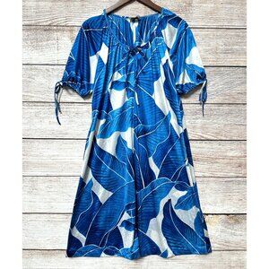 Vintage Sun Fashions of Hawaii Blue Leaf Print Midi Dress Short Sleeve M L ?